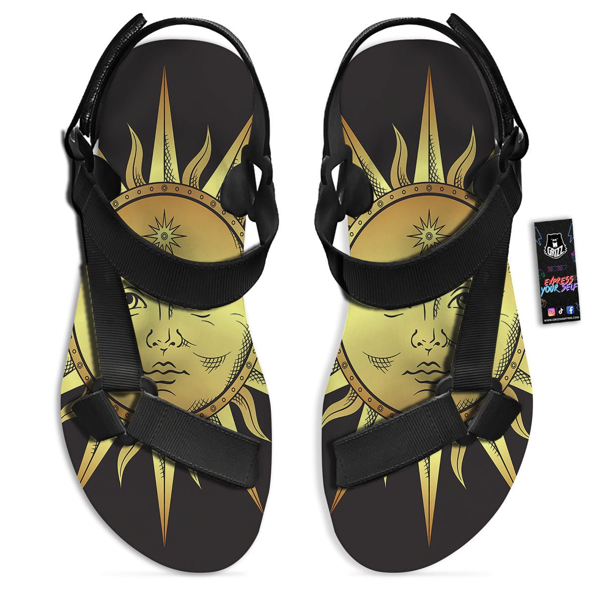 Celestial Sun Gold And Black Print Black Open Toe Sandals-grizzshop