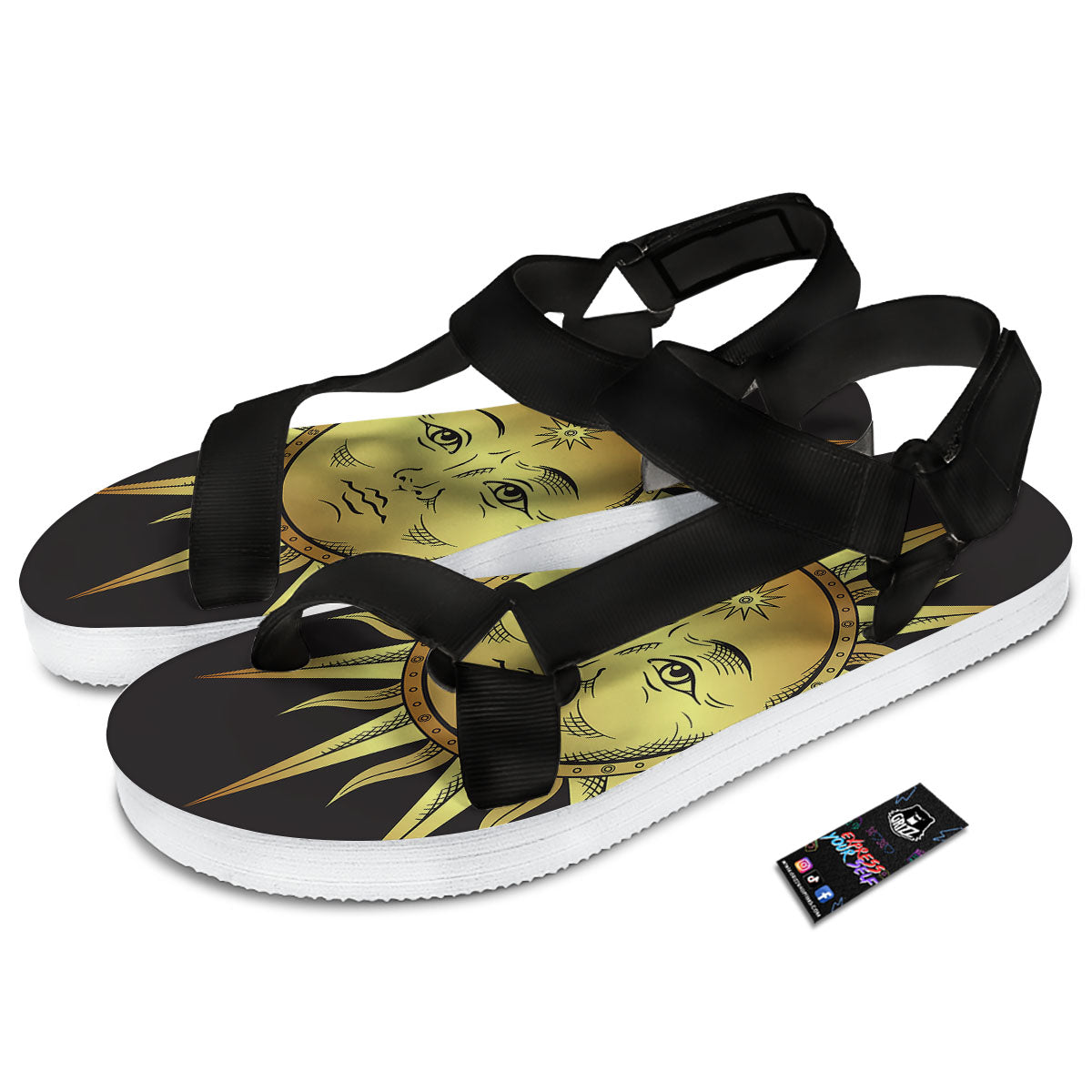 Celestial Sun Gold And Black Print Black Open Toe Sandals-grizzshop