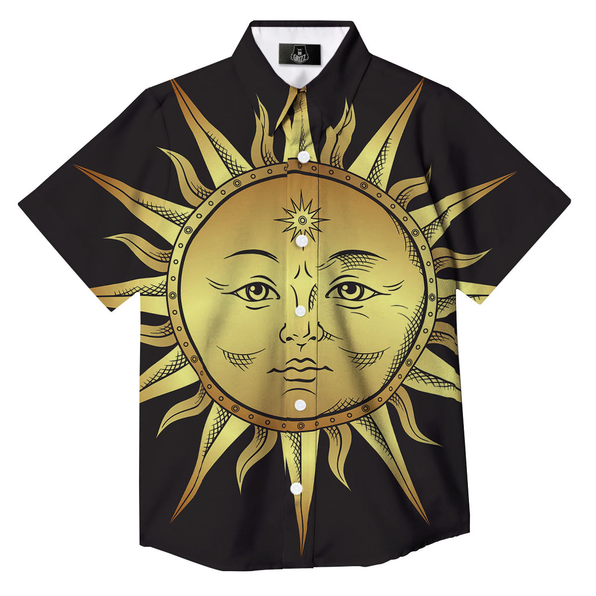 Celestial Sun Gold And Black Print Button Up Shirt-grizzshop