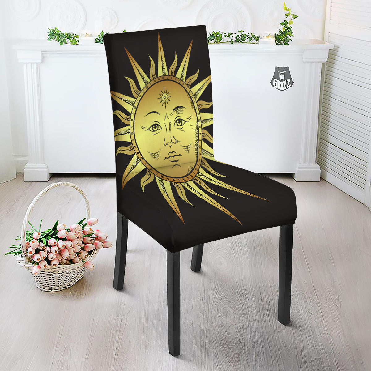 Celestial Sun Gold And Black Print Dining Chair Slipcover-grizzshop