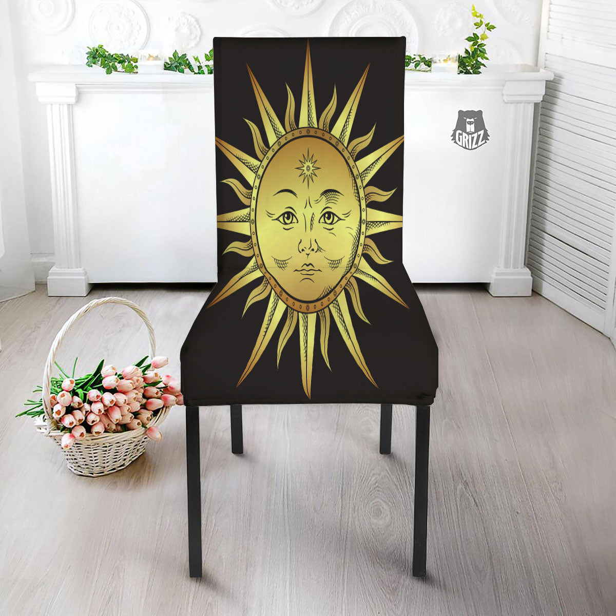 Celestial Sun Gold And Black Print Dining Chair Slipcover-grizzshop