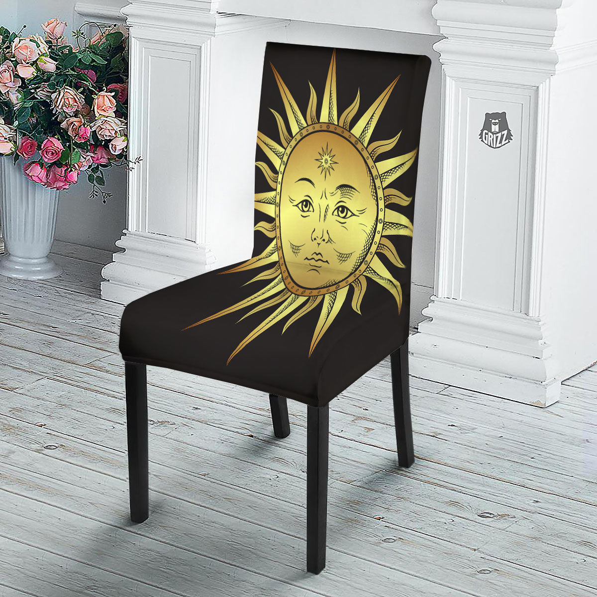 Celestial Sun Gold And Black Print Dining Chair Slipcover-grizzshop