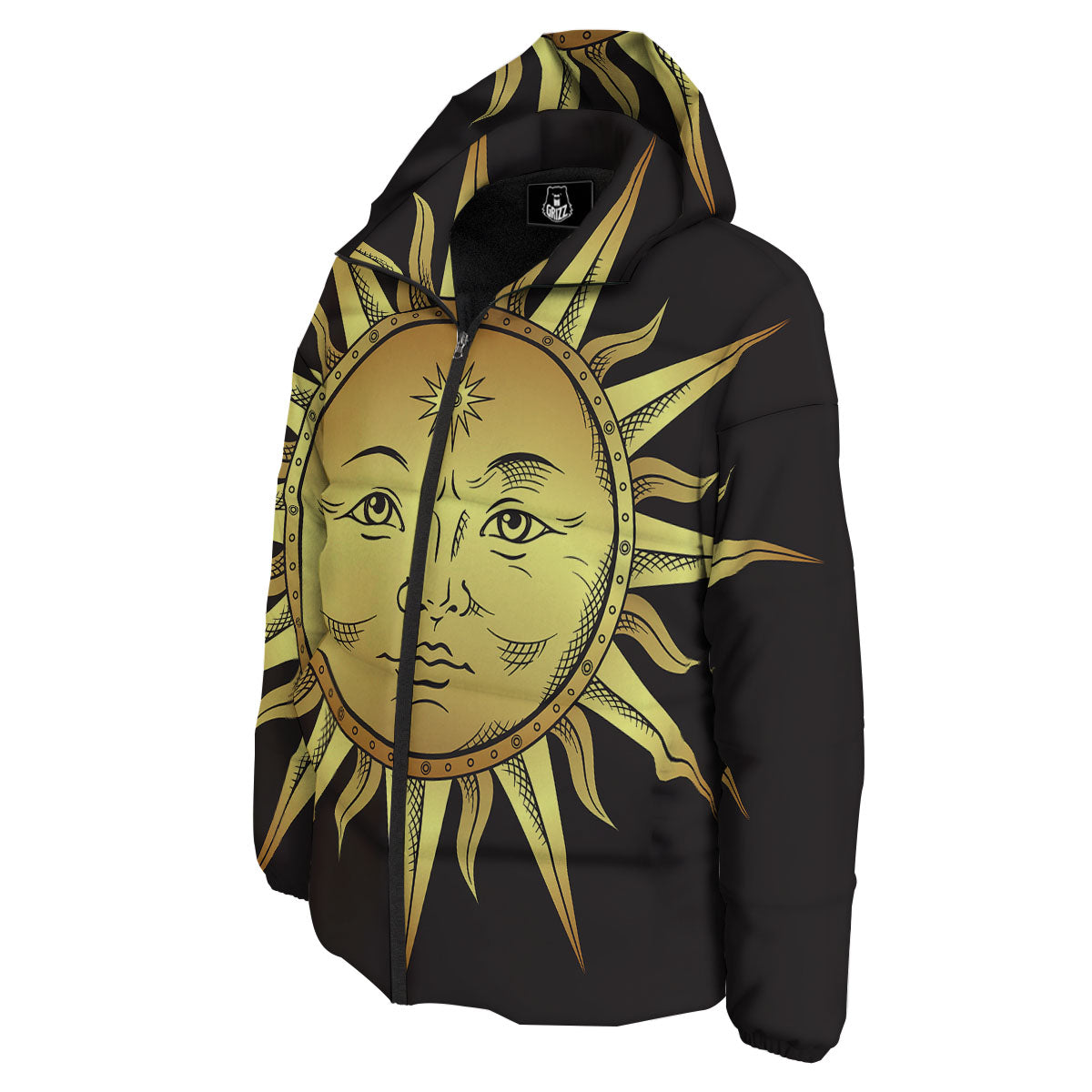 Celestial Sun Gold And Black Print Down Jacket-grizzshop