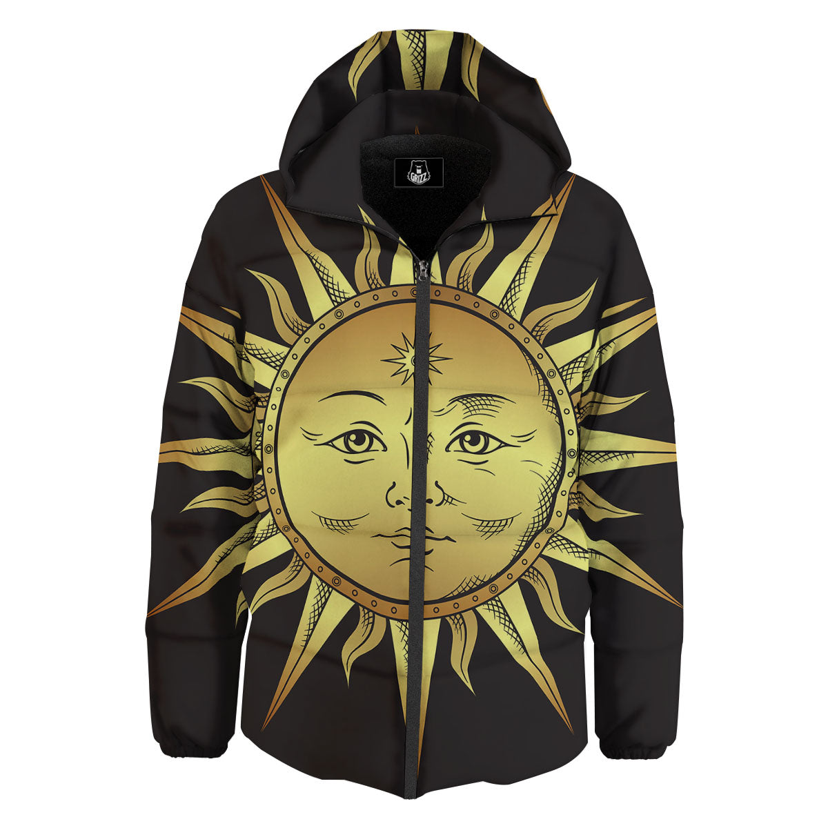 Celestial Sun Gold And Black Print Down Jacket-grizzshop