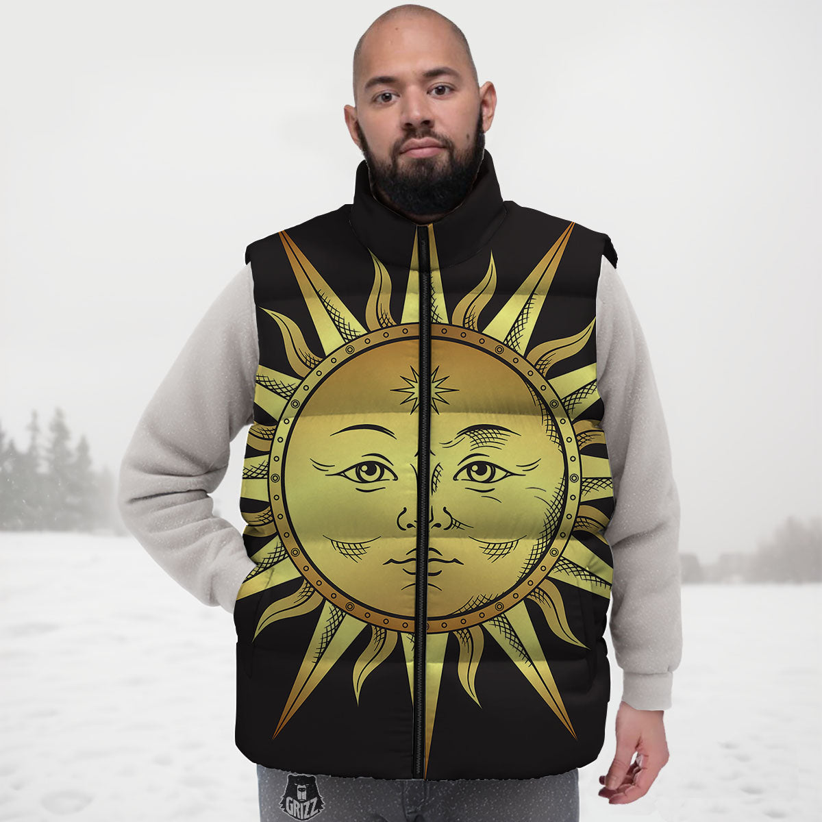 Celestial Sun Gold And Black Print Down Vest