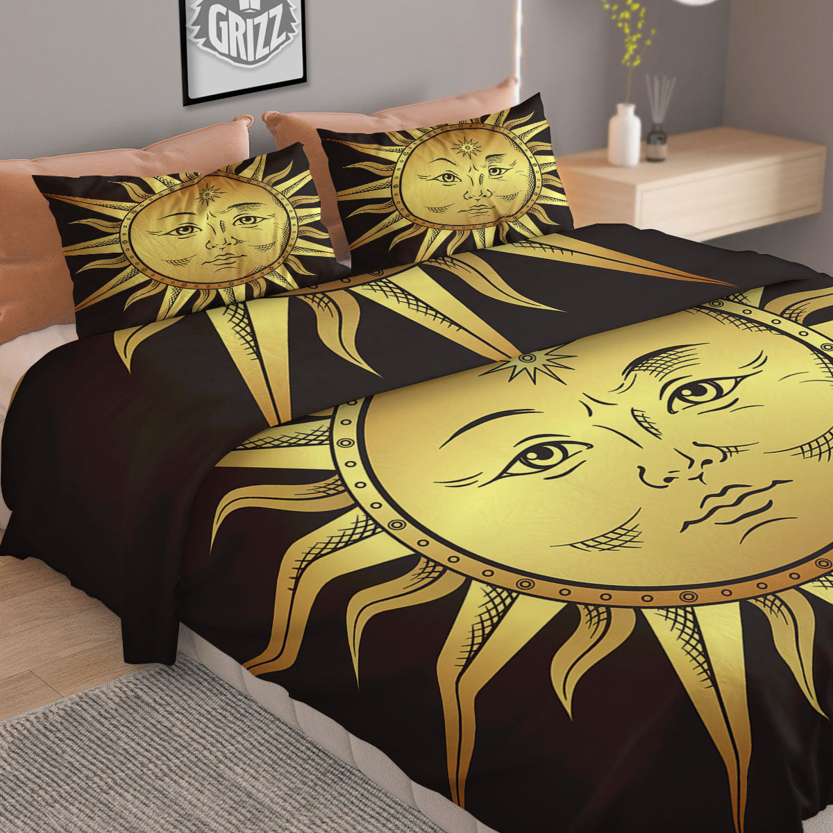 Celestial Sun Gold And Black Print Duvet Cover Bedding Set
