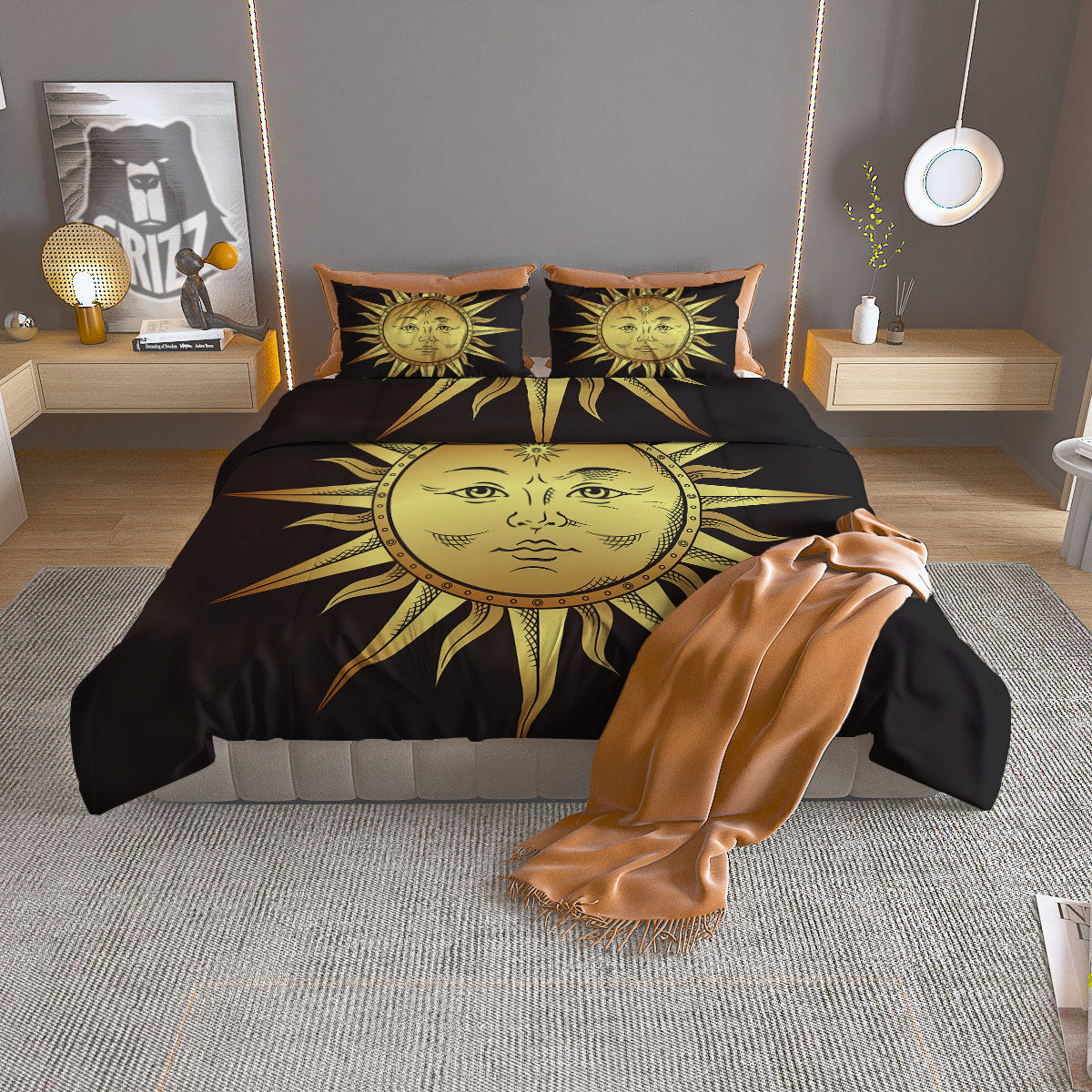 Celestial Sun Gold And Black Print Duvet Cover Bedding Set