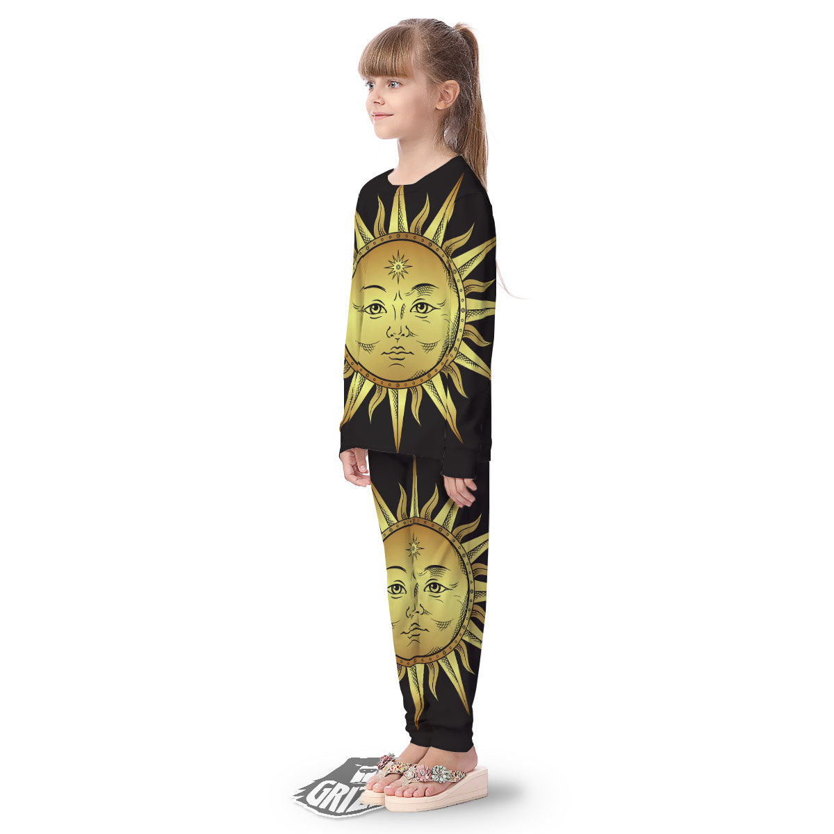 Celestial Sun Gold And Black Print Kid's Pajamas-grizzshop