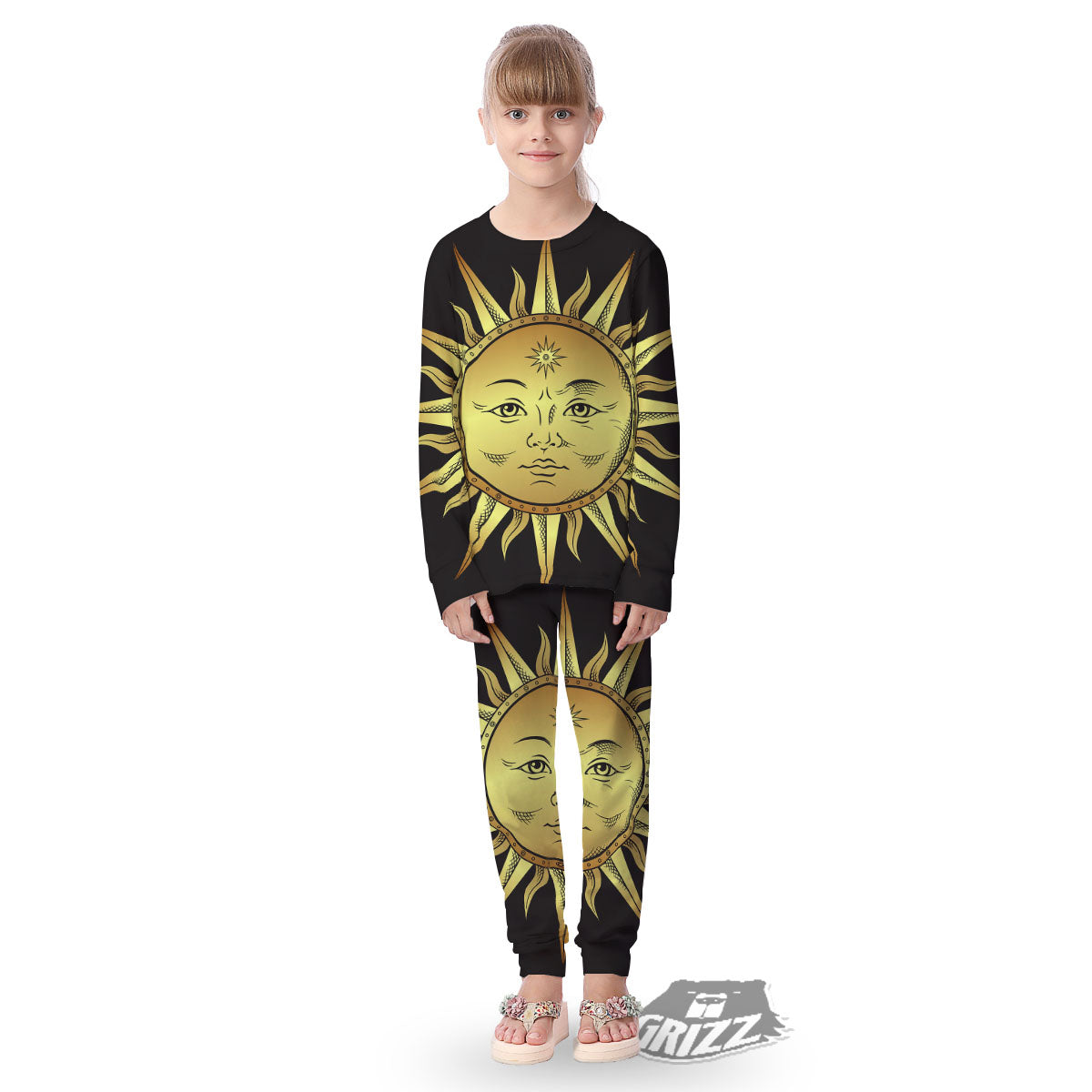 Celestial Sun Gold And Black Print Kid's Pajamas-grizzshop
