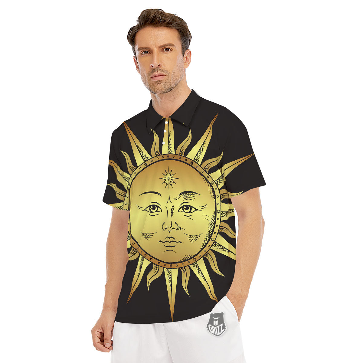 Celestial Sun Gold And Black Print Men's Golf Shirts-grizzshop