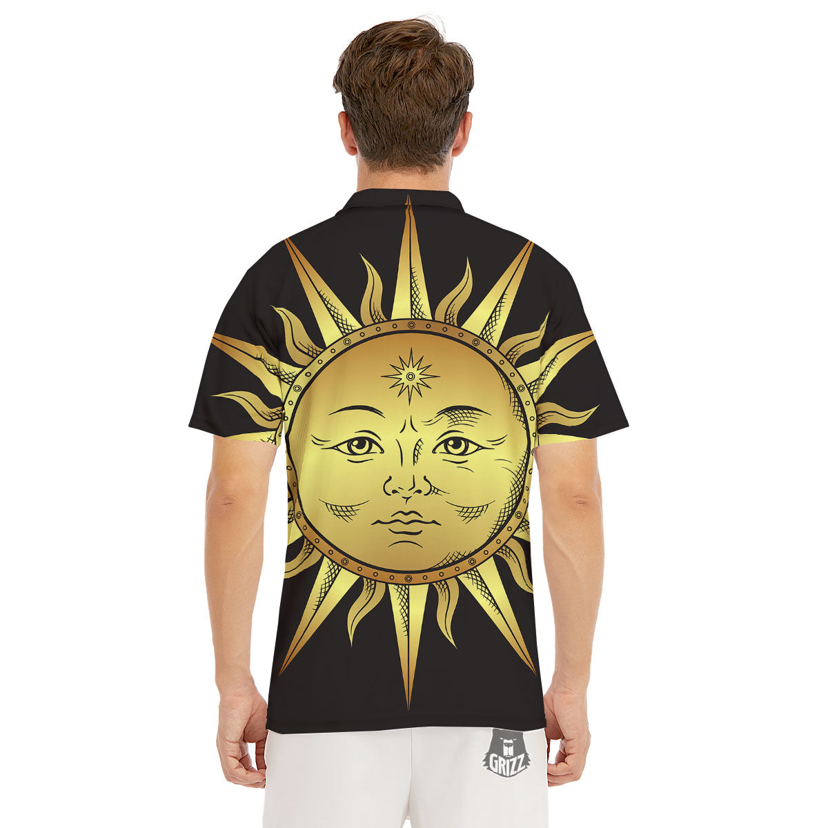 Celestial Sun Gold And Black Print Men's Golf Shirts-grizzshop