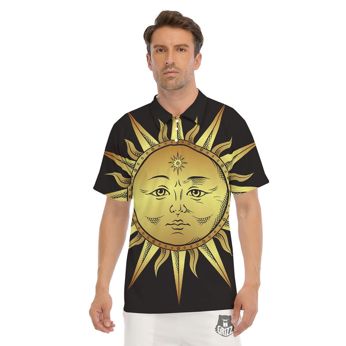 Celestial Sun Gold And Black Print Men's Golf Shirts-grizzshop