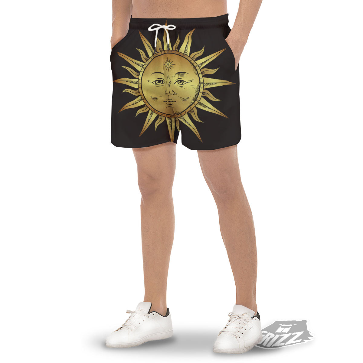 Celestial Sun Gold And Black Print Men's Gym Shorts-grizzshop
