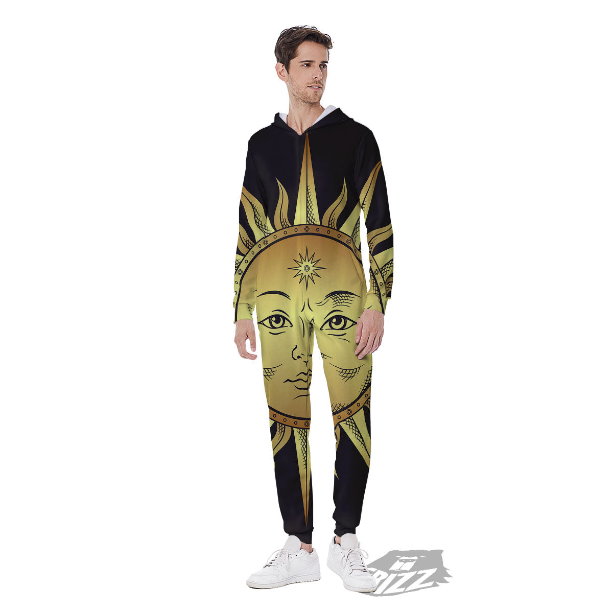 Celestial Sun Gold And Black Print Men's Jumpsuit-grizzshop