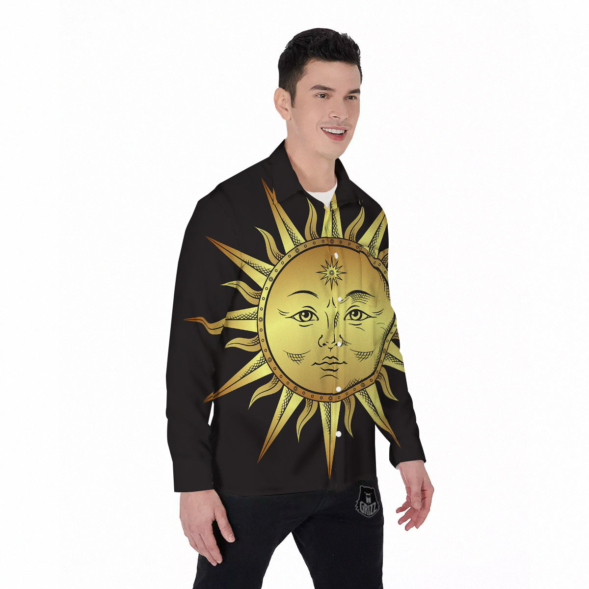 Celestial Sun Gold And Black Print Men's Long Sleeve Shirts-grizzshop