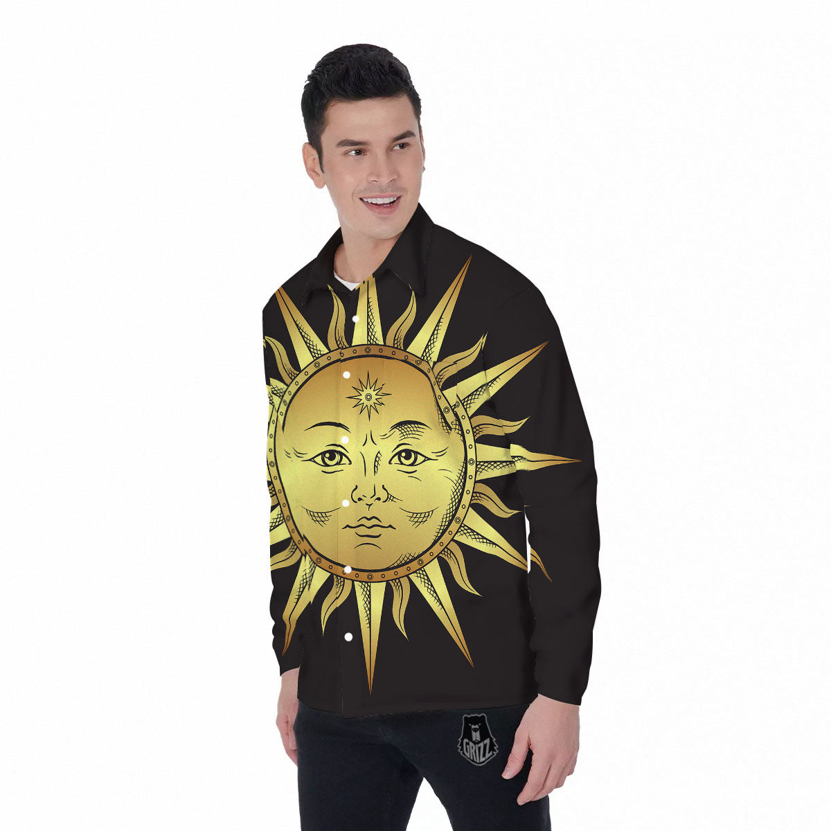 Celestial Sun Gold And Black Print Men's Long Sleeve Shirts-grizzshop