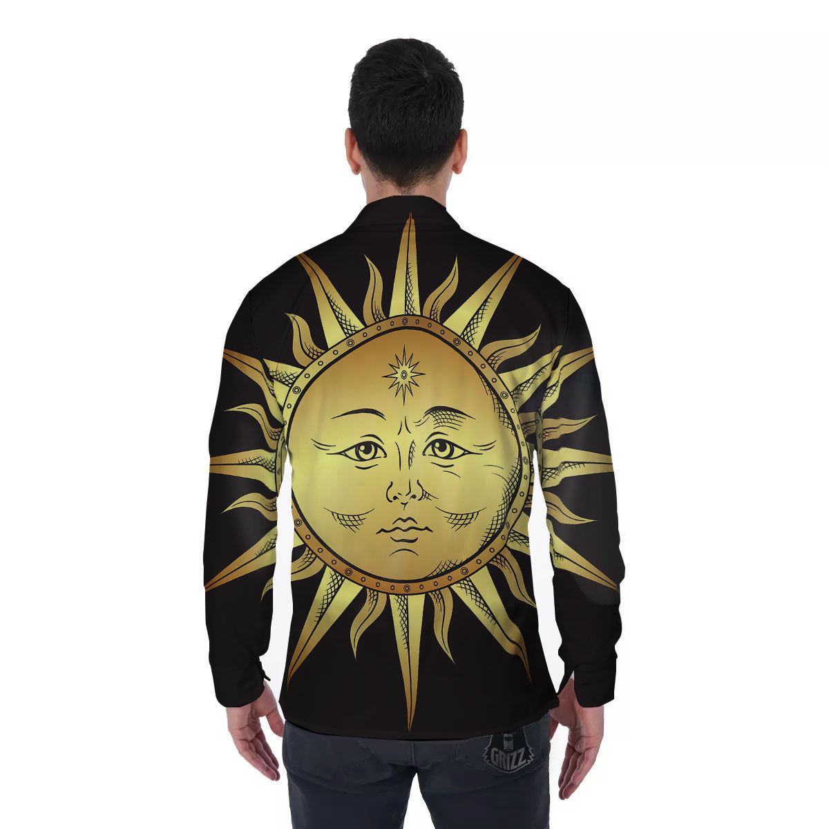 Celestial Sun Gold And Black Print Men's Long Sleeve Shirts-grizzshop