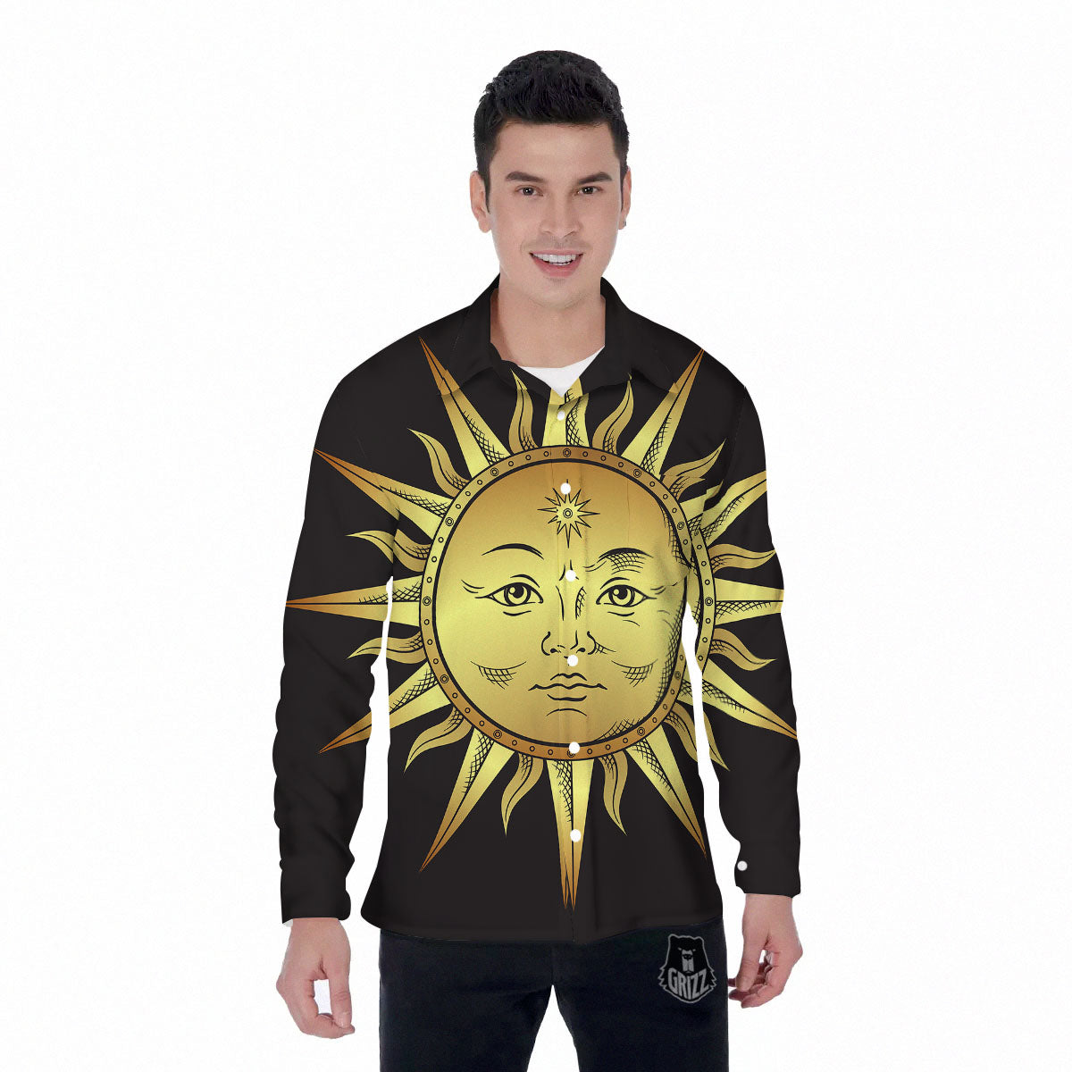 Celestial Sun Gold And Black Print Men's Long Sleeve Shirts-grizzshop