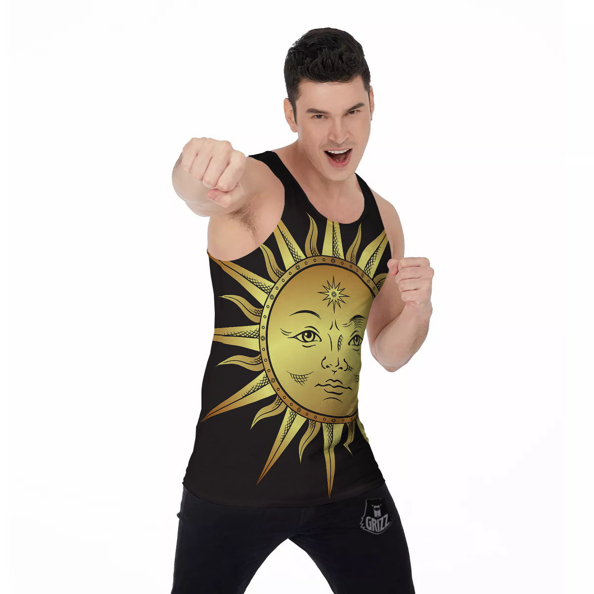 Celestial Sun Gold And Black Print Men's Tank Top-grizzshop
