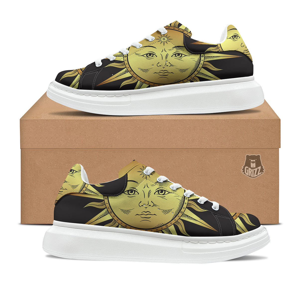 Celestial Sun Gold And Black Print Platform Shoes-grizzshop