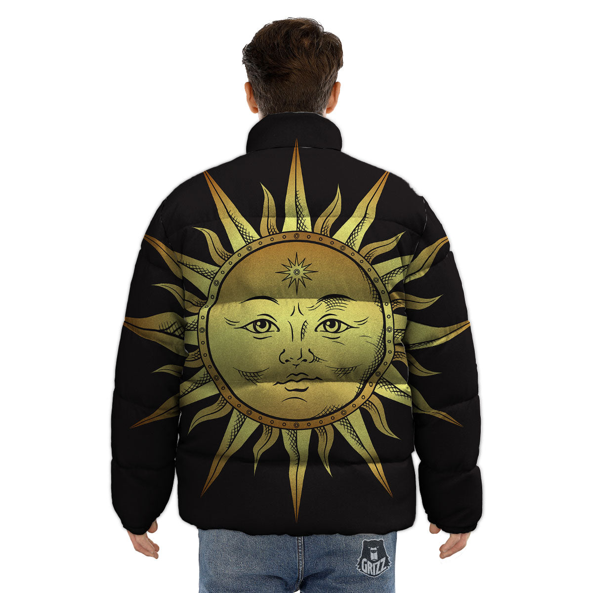 Celestial Sun Gold And Black Print Puffer Jacket-grizzshop