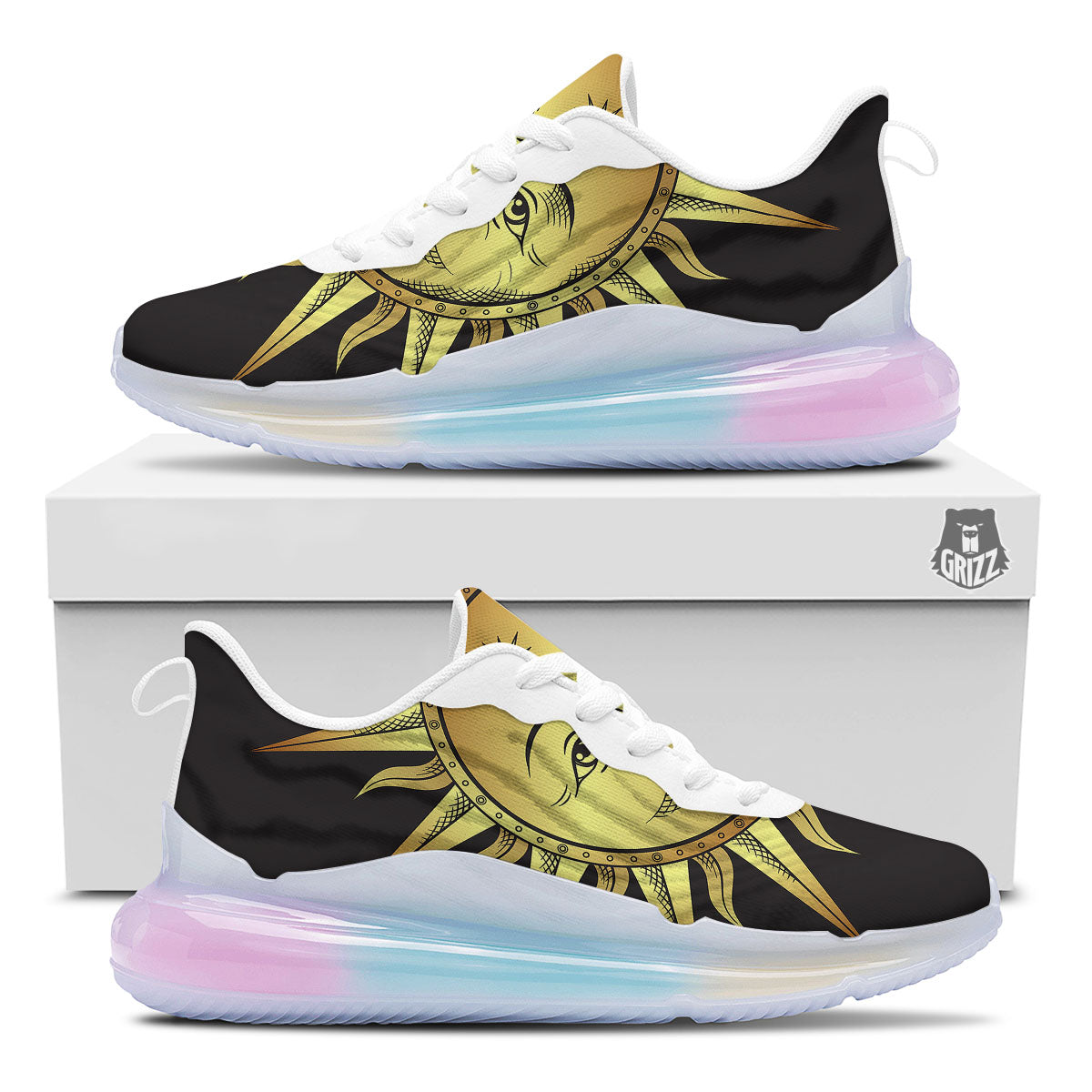 Celestial Sun Gold And Black Print Running Sneakers-grizzshop