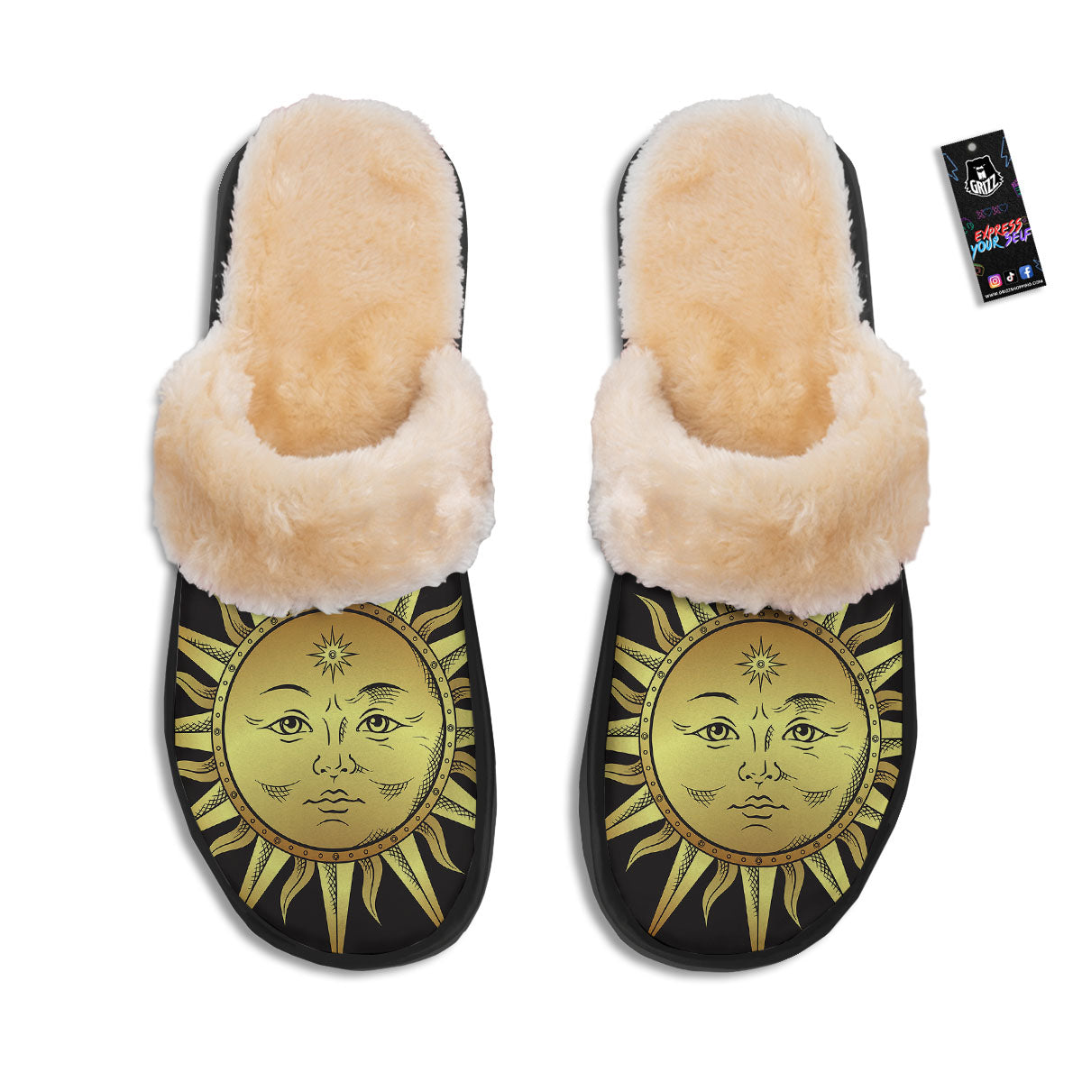Celestial Sun Gold And Black Print Slippers-grizzshop