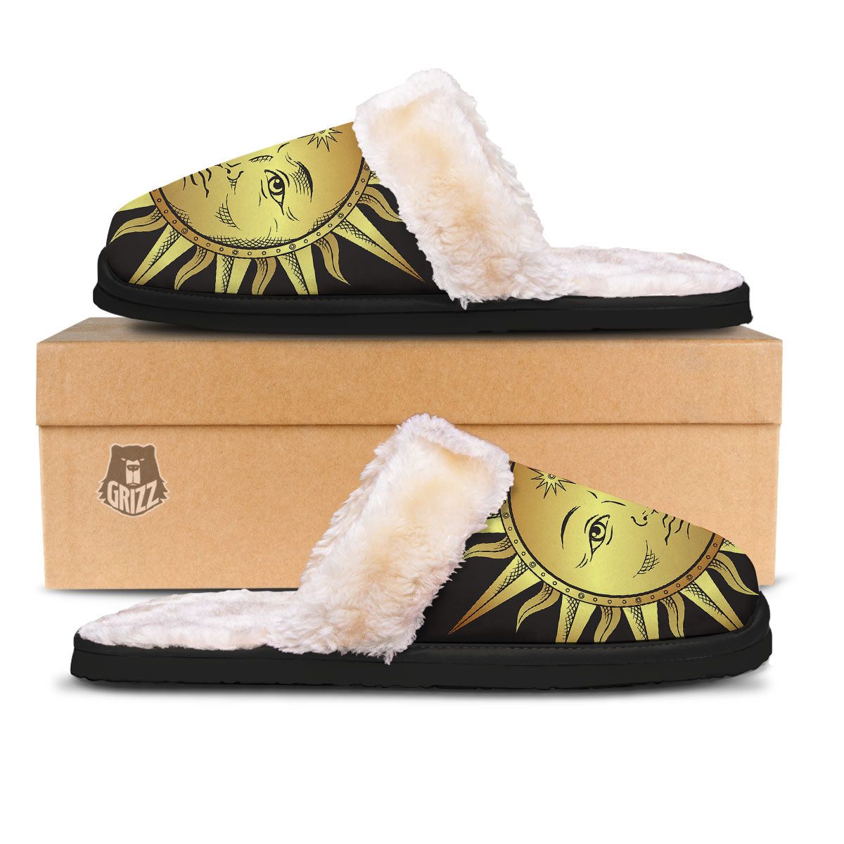 Celestial Sun Gold And Black Print Slippers-grizzshop