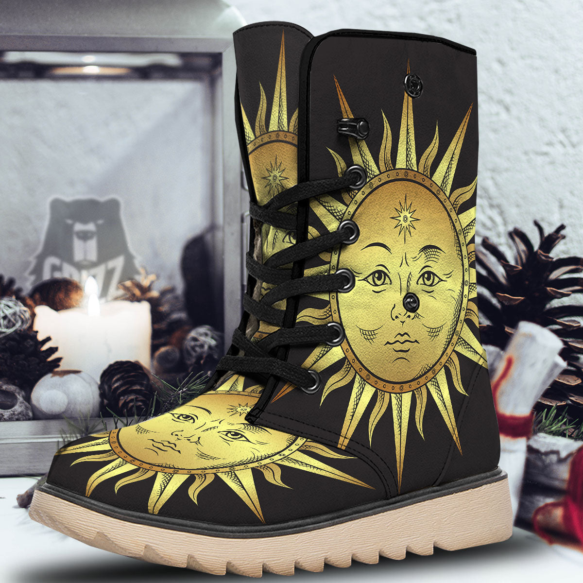 Celestial Sun Gold And Black Print Snow Boots-grizzshop