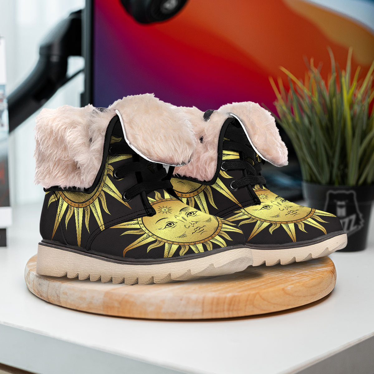 Celestial Sun Gold And Black Print Snow Boots-grizzshop