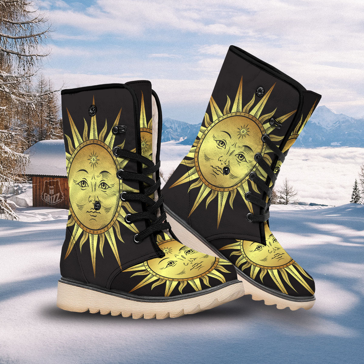 Celestial Sun Gold And Black Print Snow Boots-grizzshop