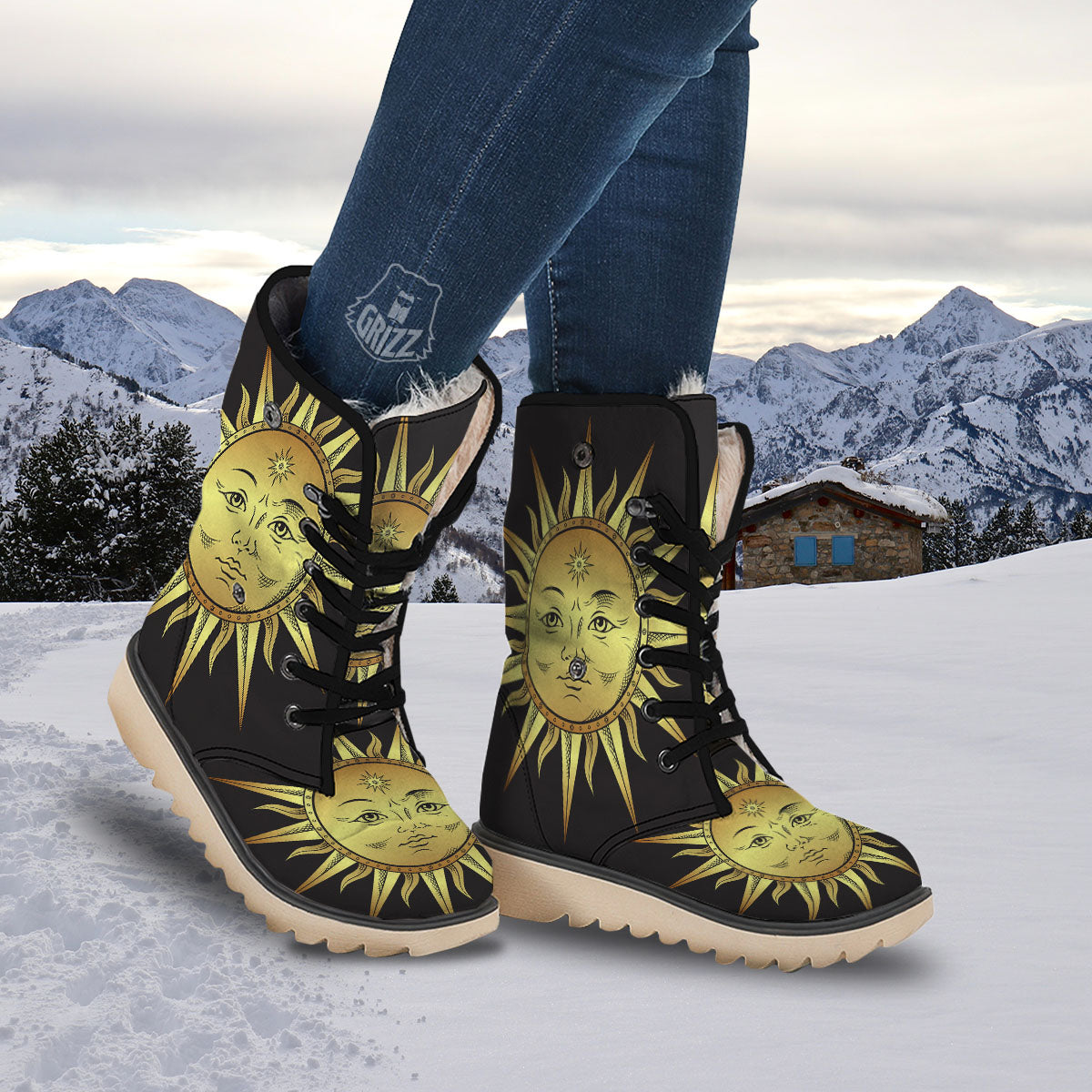 Celestial Sun Gold And Black Print Snow Boots-grizzshop