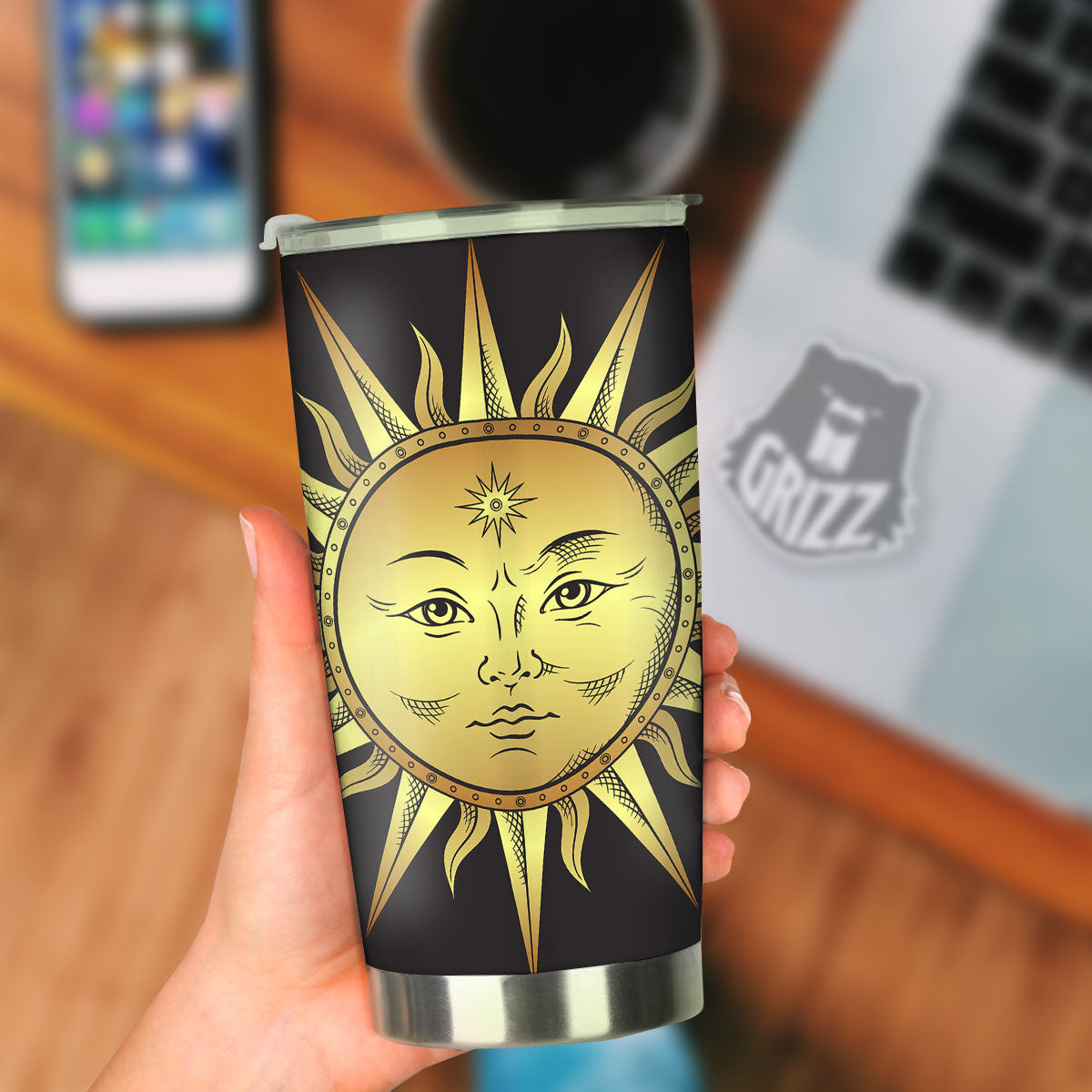 Celestial Sun Gold And Black Print Tumbler-grizzshop