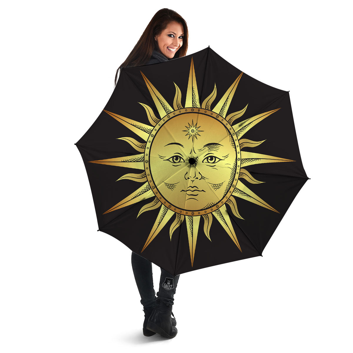 Celestial Sun Gold And Black Print Umbrella-grizzshop