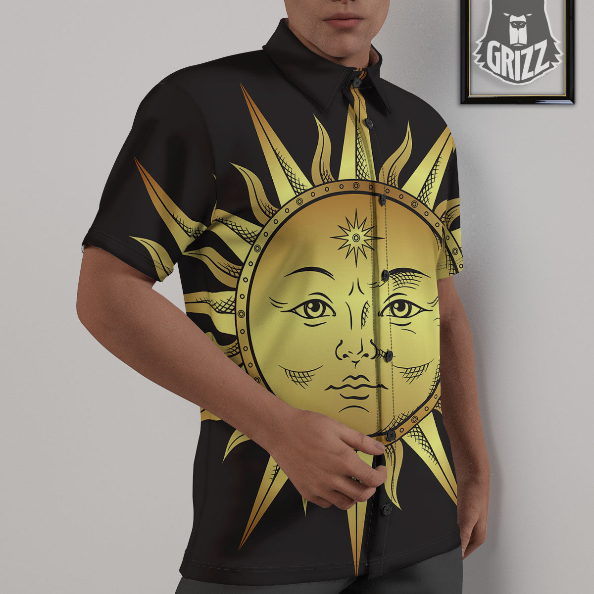 Celestial Sun Gold And Black Print Untucked Shirts-grizzshop