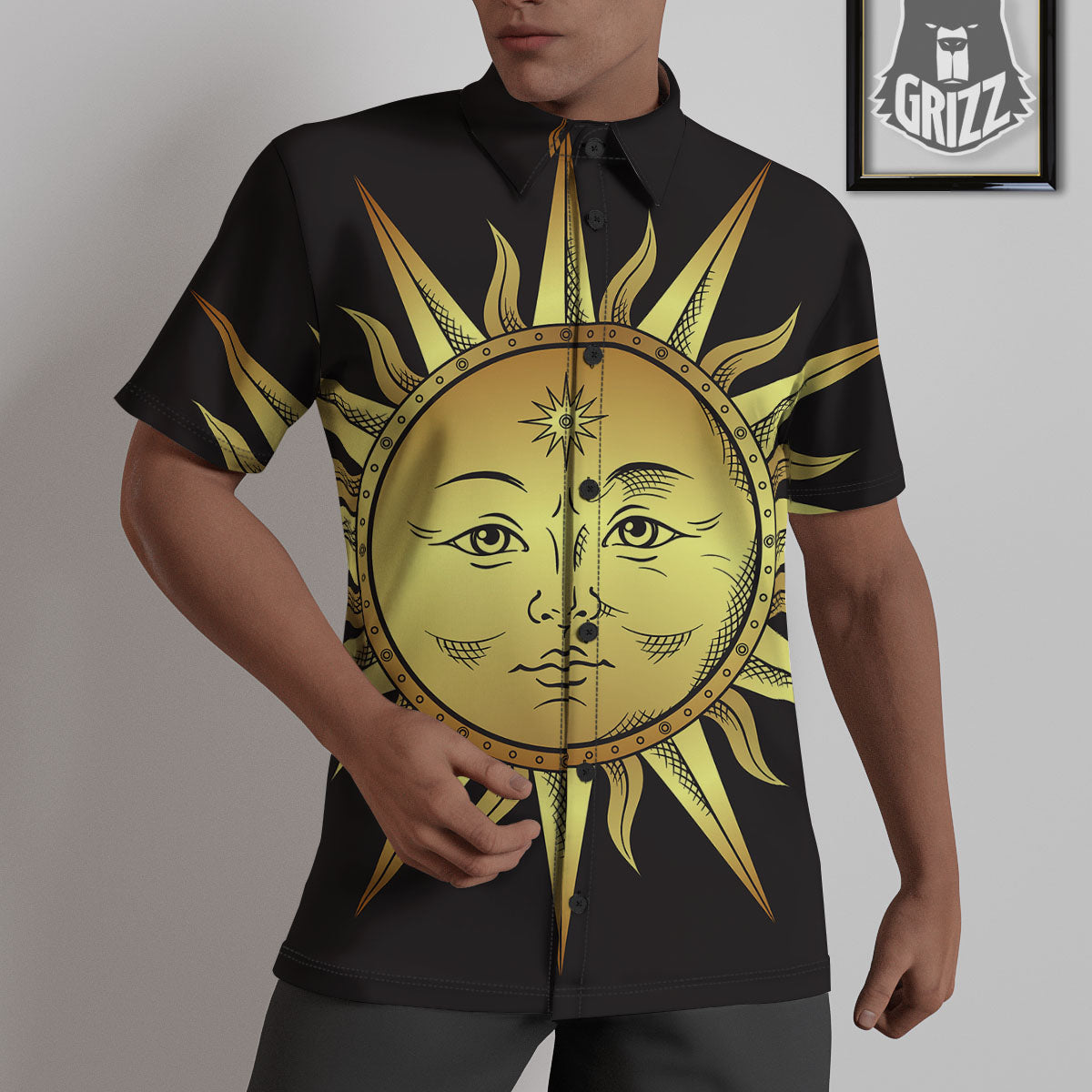 Celestial Sun Gold And Black Print Untucked Shirts-grizzshop