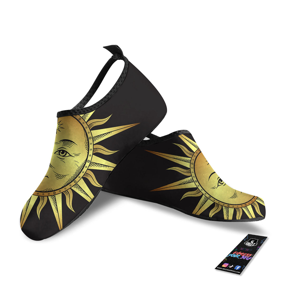 Celestial Sun Gold And Black Print Water Shoes-grizzshop
