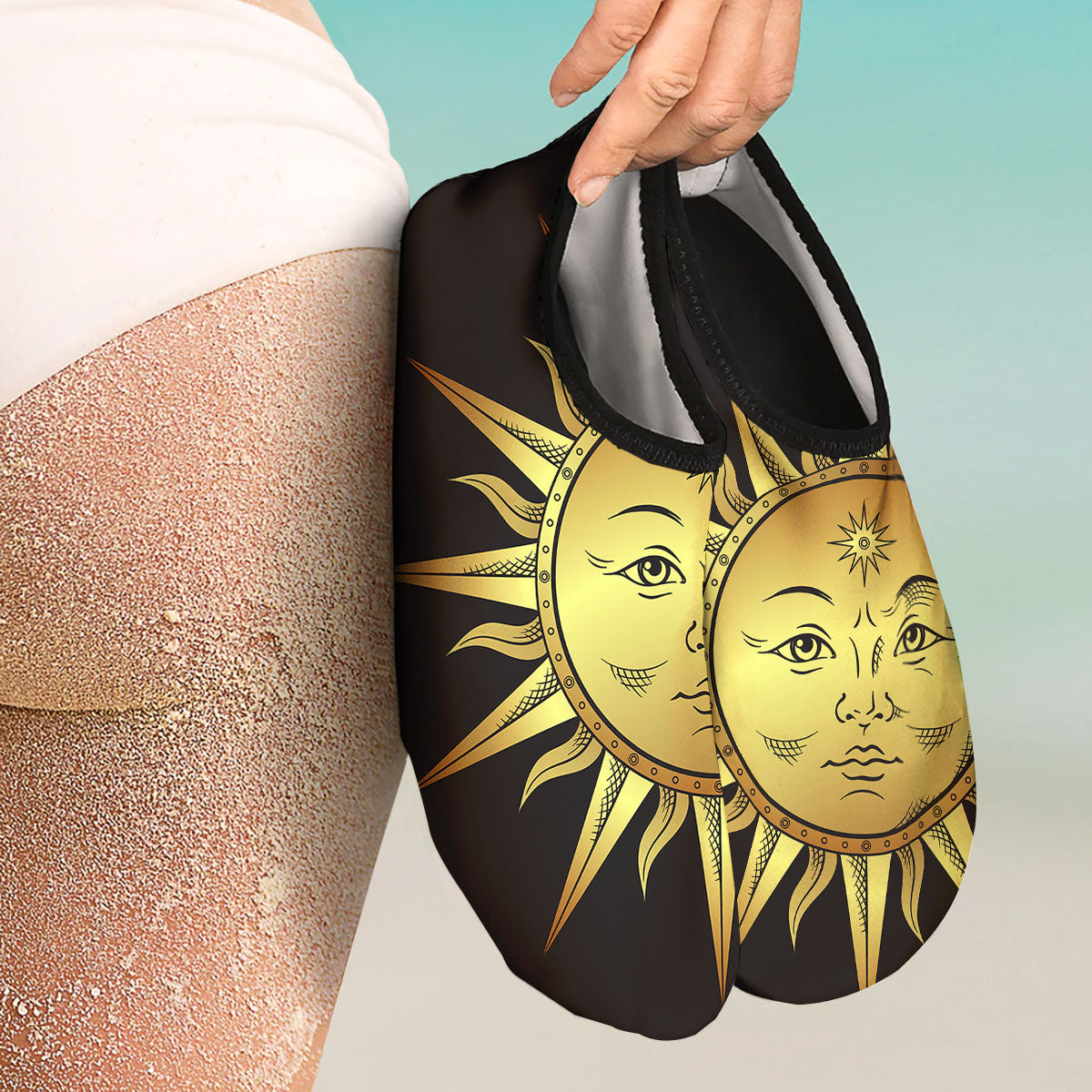 Celestial Sun Gold And Black Print Water Shoes-grizzshop