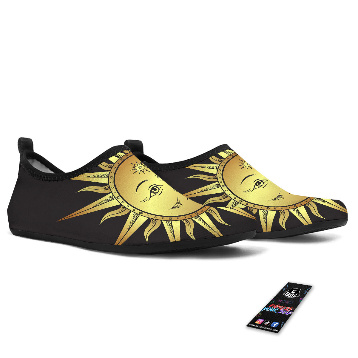 Celestial Sun Gold And Black Print Water Shoes-grizzshop