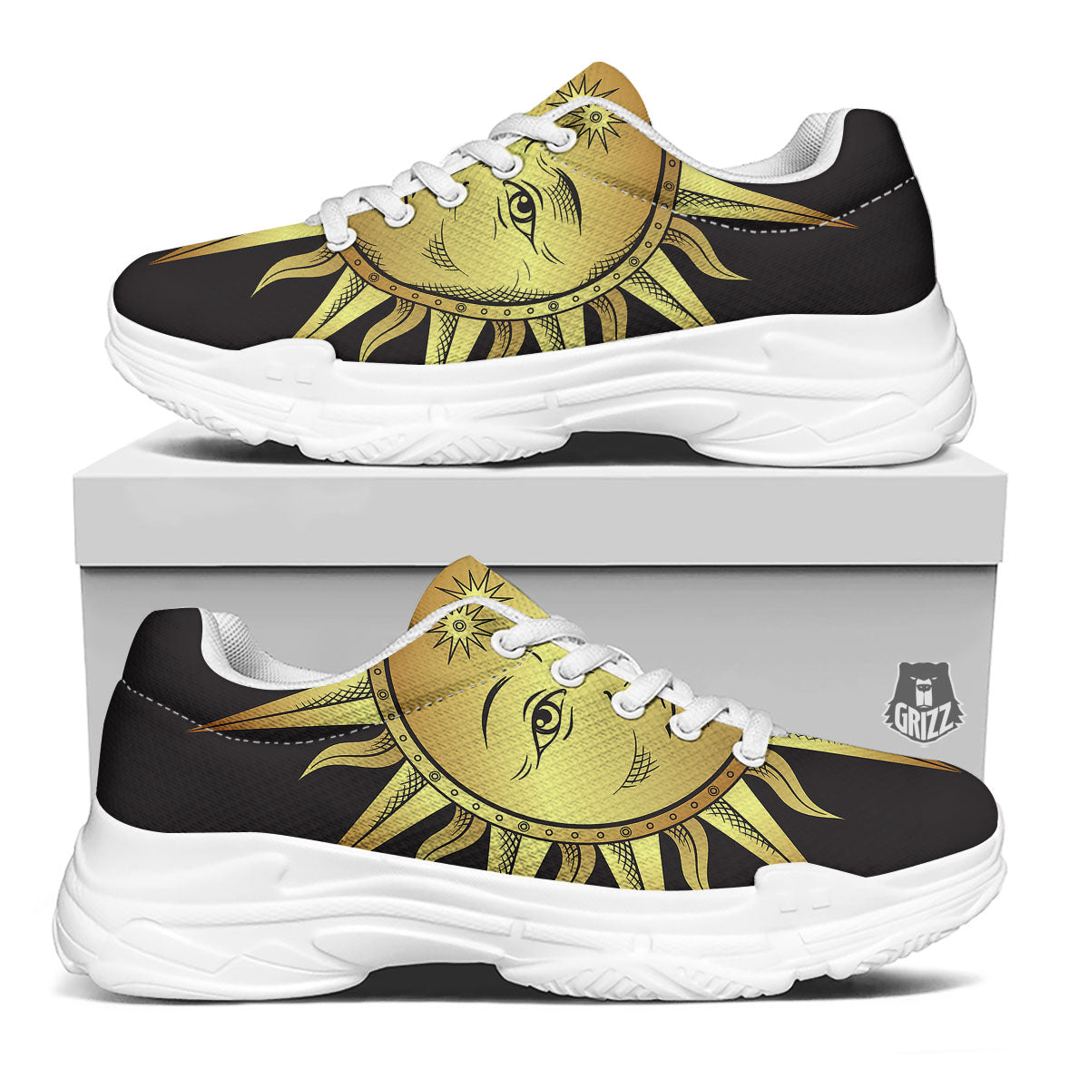 Celestial Sun Gold And Black Print White Chunky Shoes-grizzshop