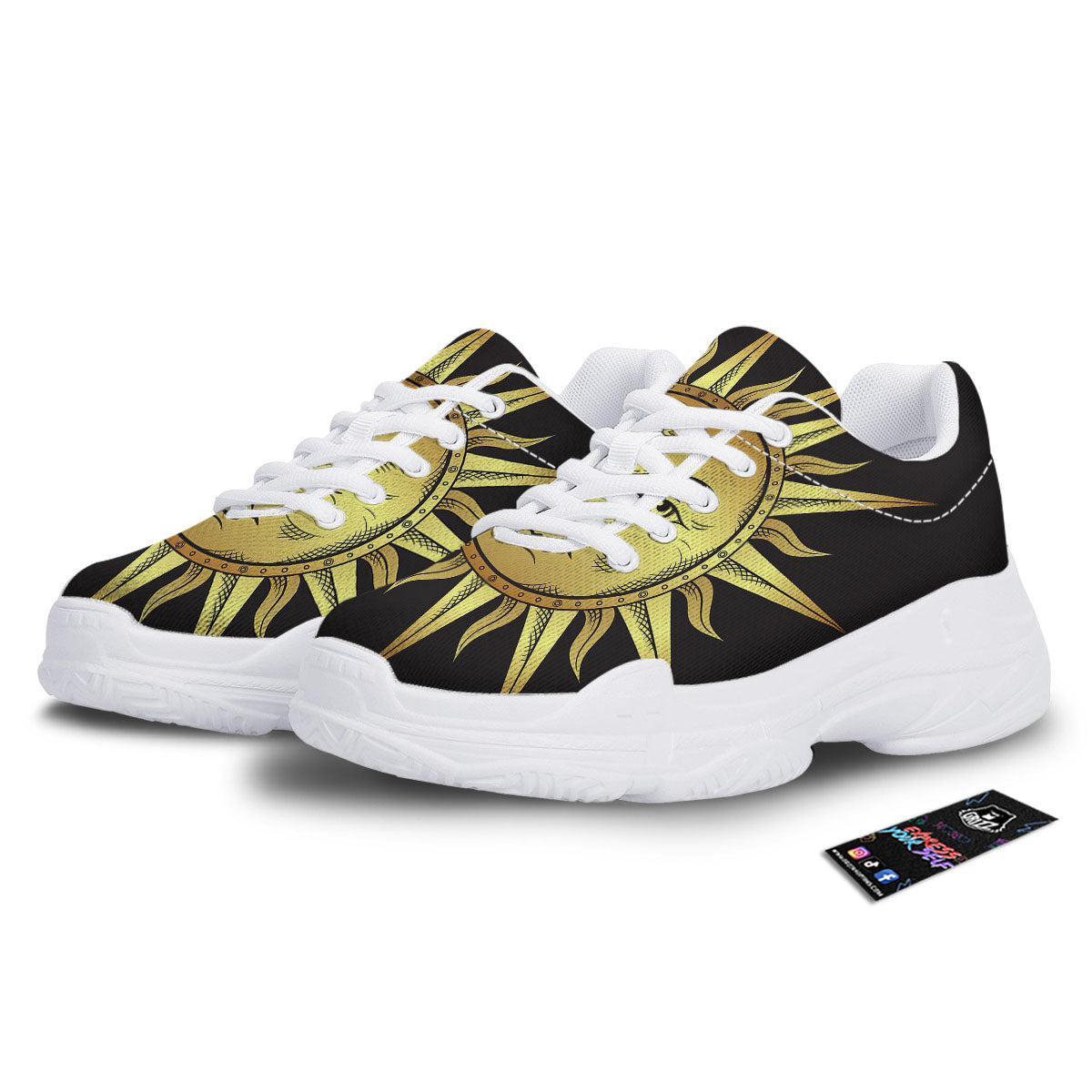 Celestial Sun Gold And Black Print White Chunky Shoes-grizzshop