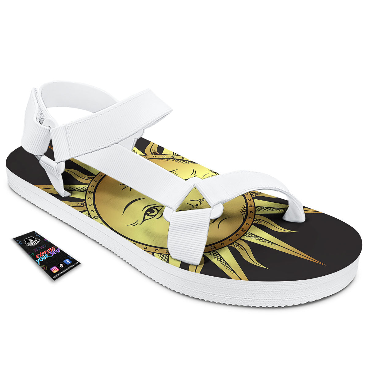 Celestial Sun Gold And Black Print White Open Toe Sandals-grizzshop