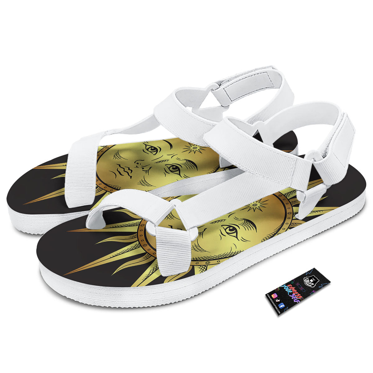 Celestial Sun Gold And Black Print White Open Toe Sandals-grizzshop