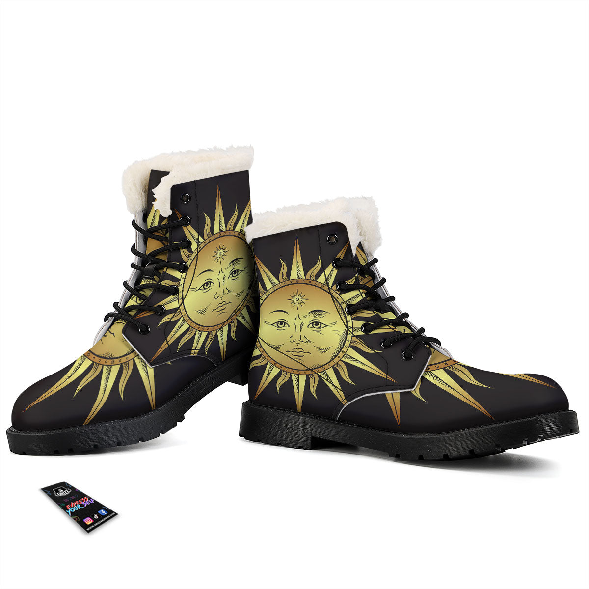 Celestial Sun Gold And Black Print Winter Boots-grizzshop