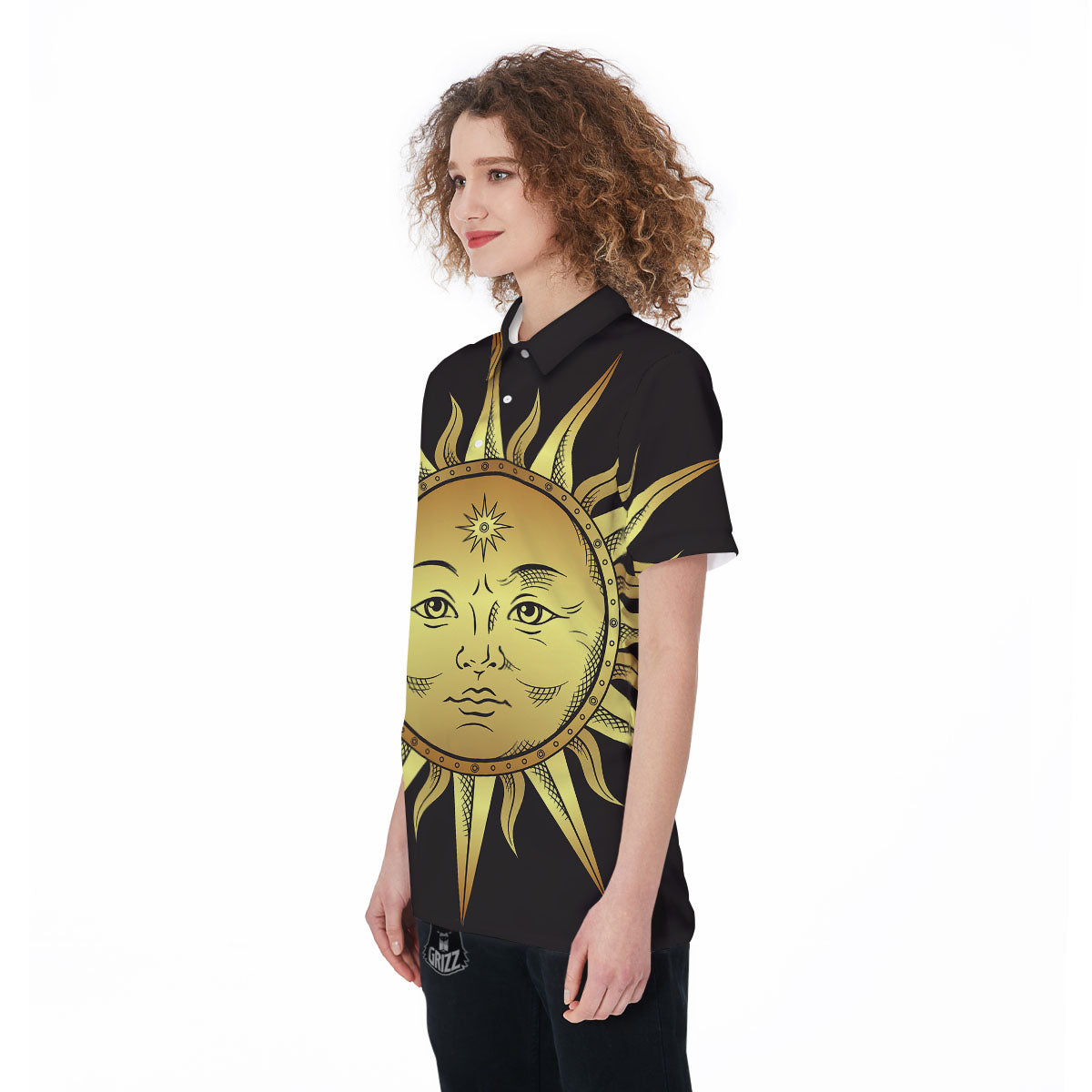 Celestial Sun Gold And Black Print Women's Golf Shirts-grizzshop