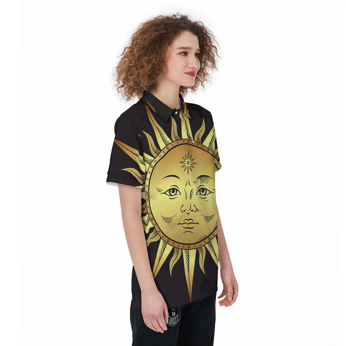 Celestial Sun Gold And Black Print Women's Golf Shirts-grizzshop