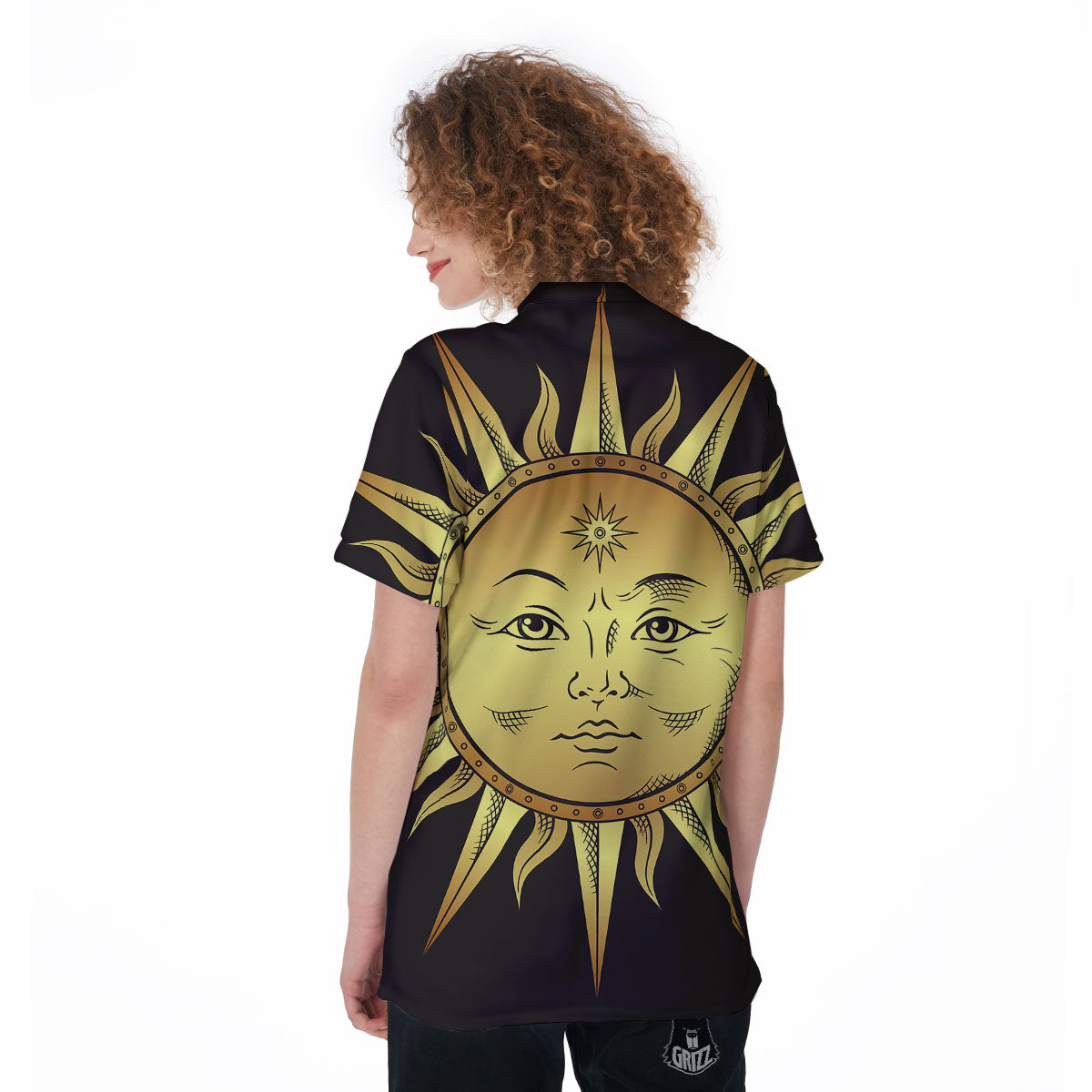 Celestial Sun Gold And Black Print Women's Golf Shirts-grizzshop