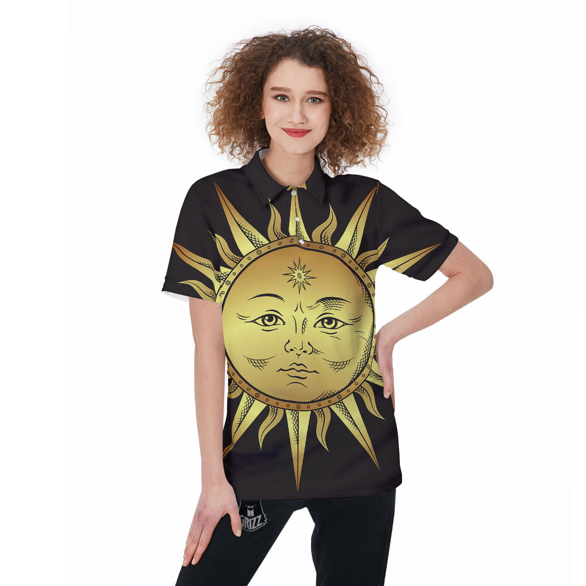 Celestial Sun Gold And Black Print Women's Golf Shirts-grizzshop