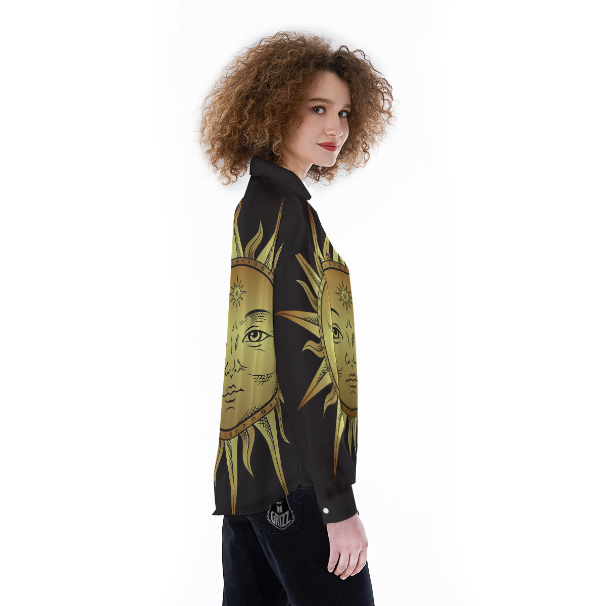 Celestial Sun Gold And Black Print Women's Long Sleeve Shirts-grizzshop