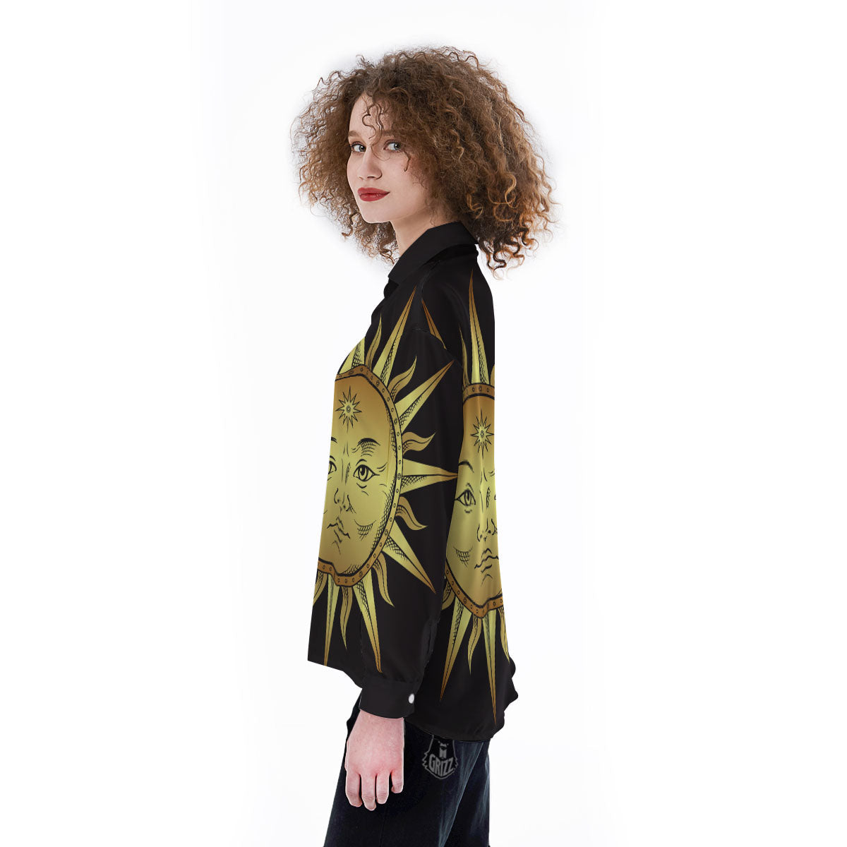 Celestial Sun Gold And Black Print Women's Long Sleeve Shirts-grizzshop